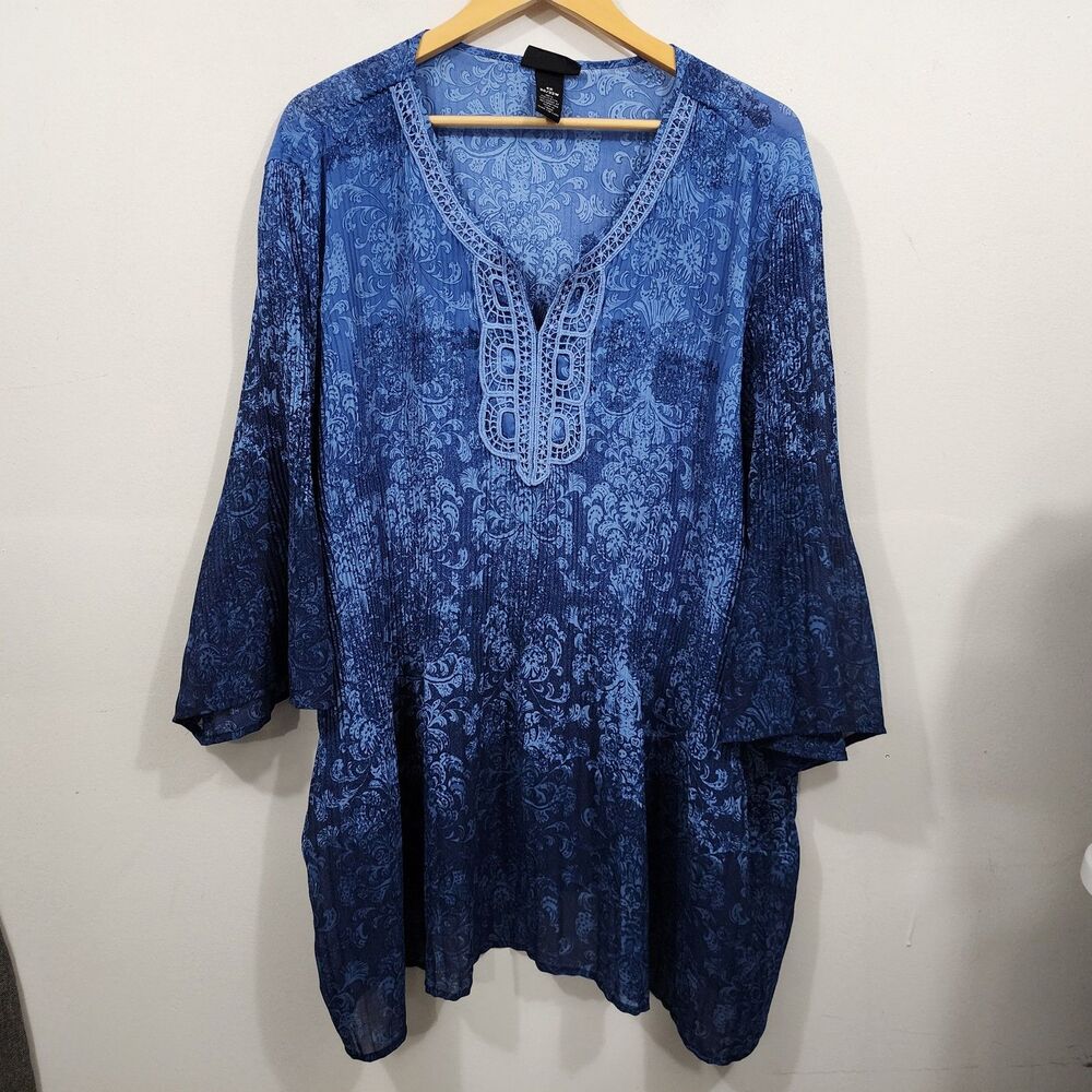 Maggie Barnes Crinkle Pleated Blouse Top Blue 3/4 Sleeve Plus Size 4X 30/32W